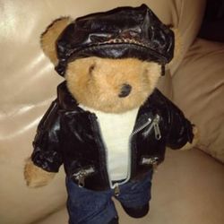Harley Davidson  "Inspired"  TEDDY BEAR in  Biker Outfit with Display Stand. Very Cool