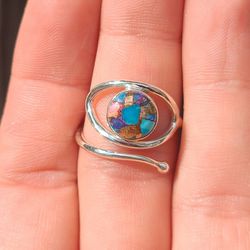 Adjustable Eye - Kingman Orange Dahlia Turquoise 925 Ring