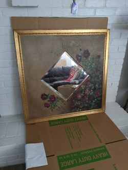 Antique Silverbacked Mirror With Floral Canvas Painting