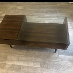 Walker Edison Montclair Mid Century Modern Glass Top 1 Drawer Coffee Table, 42 Inch, Glass and wood