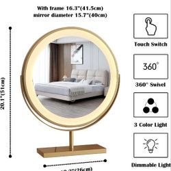 Gold Makeup Vanity Mirror with Led Lights Large Round, Smart Touch Control, 16 Inch