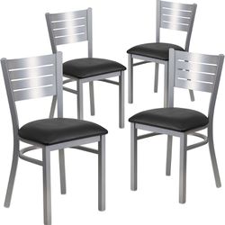 Flash Furniture 4 Pack HERCULES Series Silver Slat Back Metal Restaurant Chair - Black Vinyl Seat