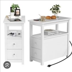 Set of 2 White USB  Nightstand Set with Drawers and Shelf