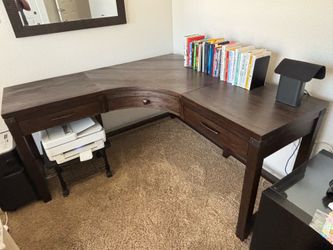 Living Spaces espresso wood corner desk.