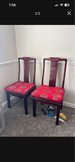 Oriental Asian rosewood chairs with silk cushions