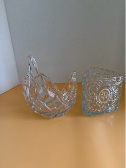 Vintage Heavy Crystal Votive Candle Holders Set - Heavy 4lb Monogram R + Flame