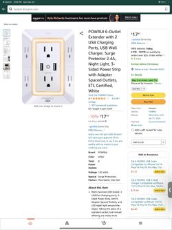 POWRUI 6-Outlet Extender with 2 USB Charging Ports, USB Wall Charger, Surge Protector 2.4A, Night Light, 3-Sided Power Strip with Adapter  Outlet