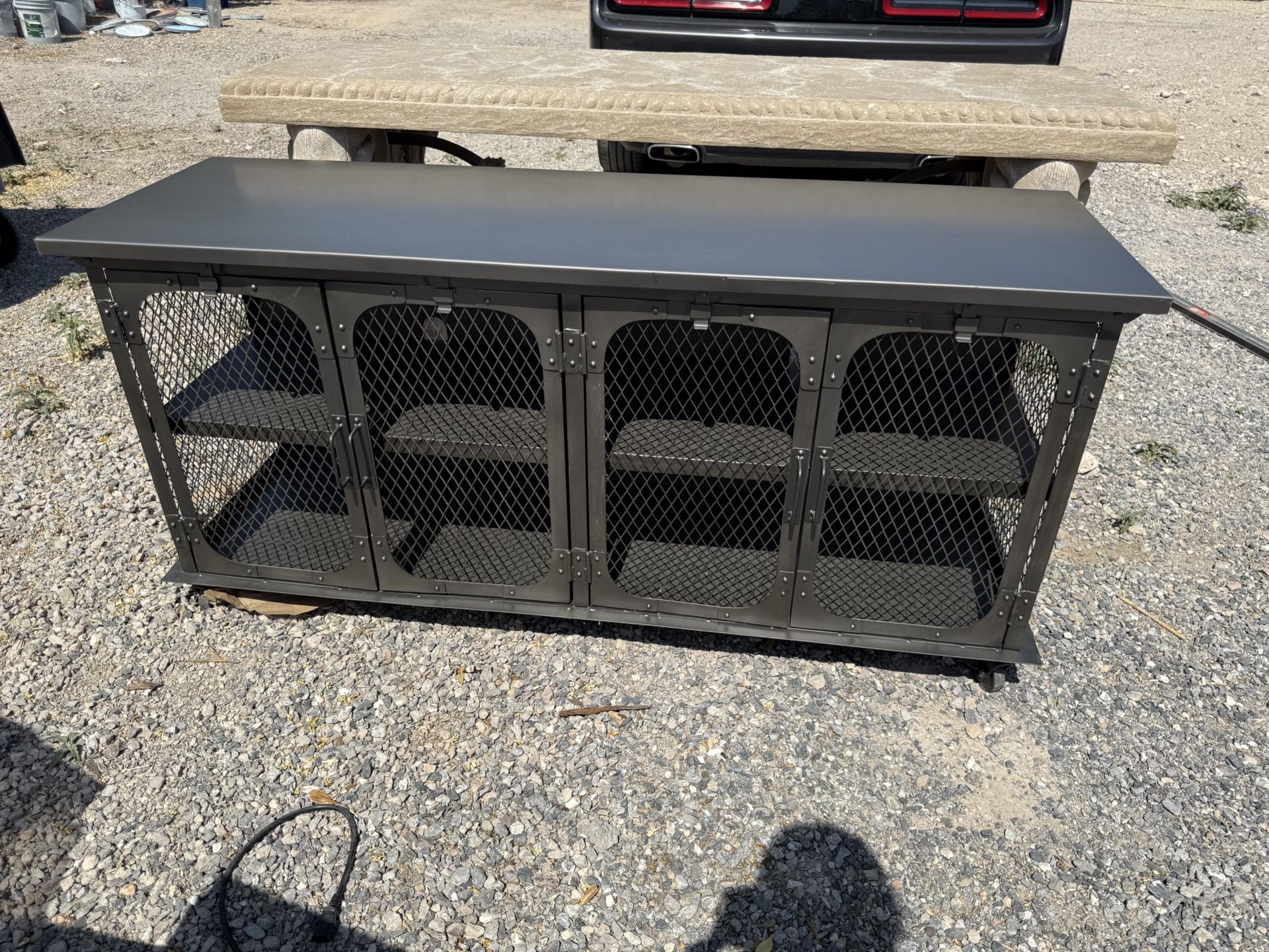 Metal console table and storage cabinet with wheels