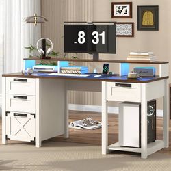 New 59" Farmhouse Computer Desk with 4 File Drawer Power Outlet Led Lights, Monitor Stand, White Wood