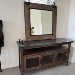 Media Center With Storage And Hanging Mirror 