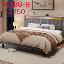 King Size LED Bed Frame with Charging Station, Velvet Upholstered Platform Bed with Geometric Wingback Headboard(K386-9)