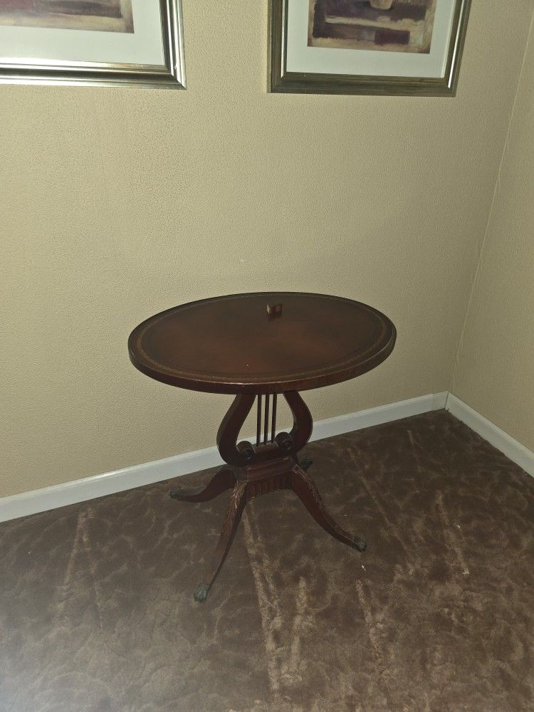 Vintage Antique Lyre Harp Pedestal Table Oval Top Claw Feet