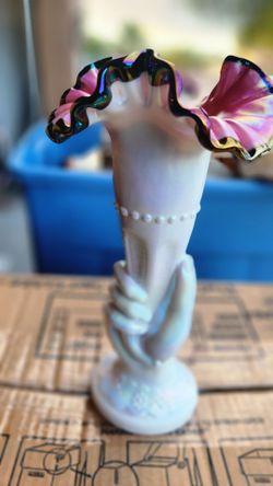 Fenton Vintage Hand Vase Ruffled Iridescent Glass Top