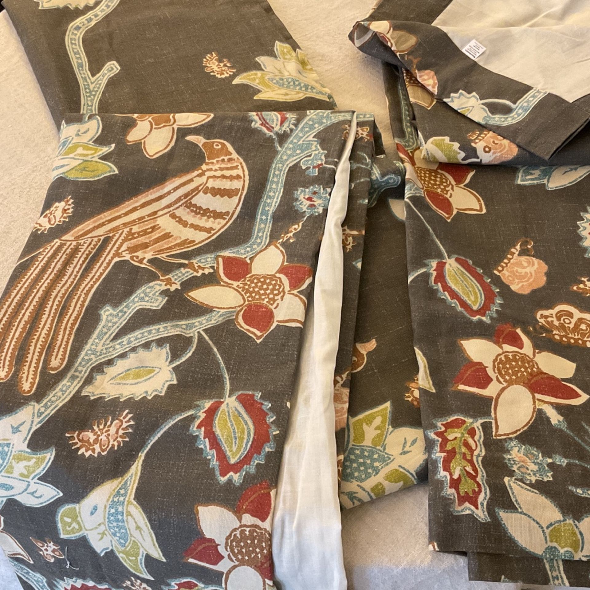World Market Pakshi Bird Curtain Panels (2) Cotton -Grey & Aqua