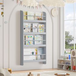 FOTOSOK Kids Bookshelf, 4-Tier Wall Mount Book Shelf Gray