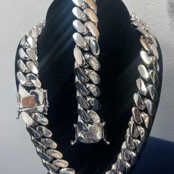 👑14K Stamped White Gold Miami Cuban Set Chain & Bracelet Heavy Premium Quality 👑