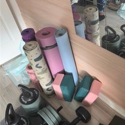 Yoga Mats, Back roller & Blocks (Big Pink Mat NOT FOR SALE)