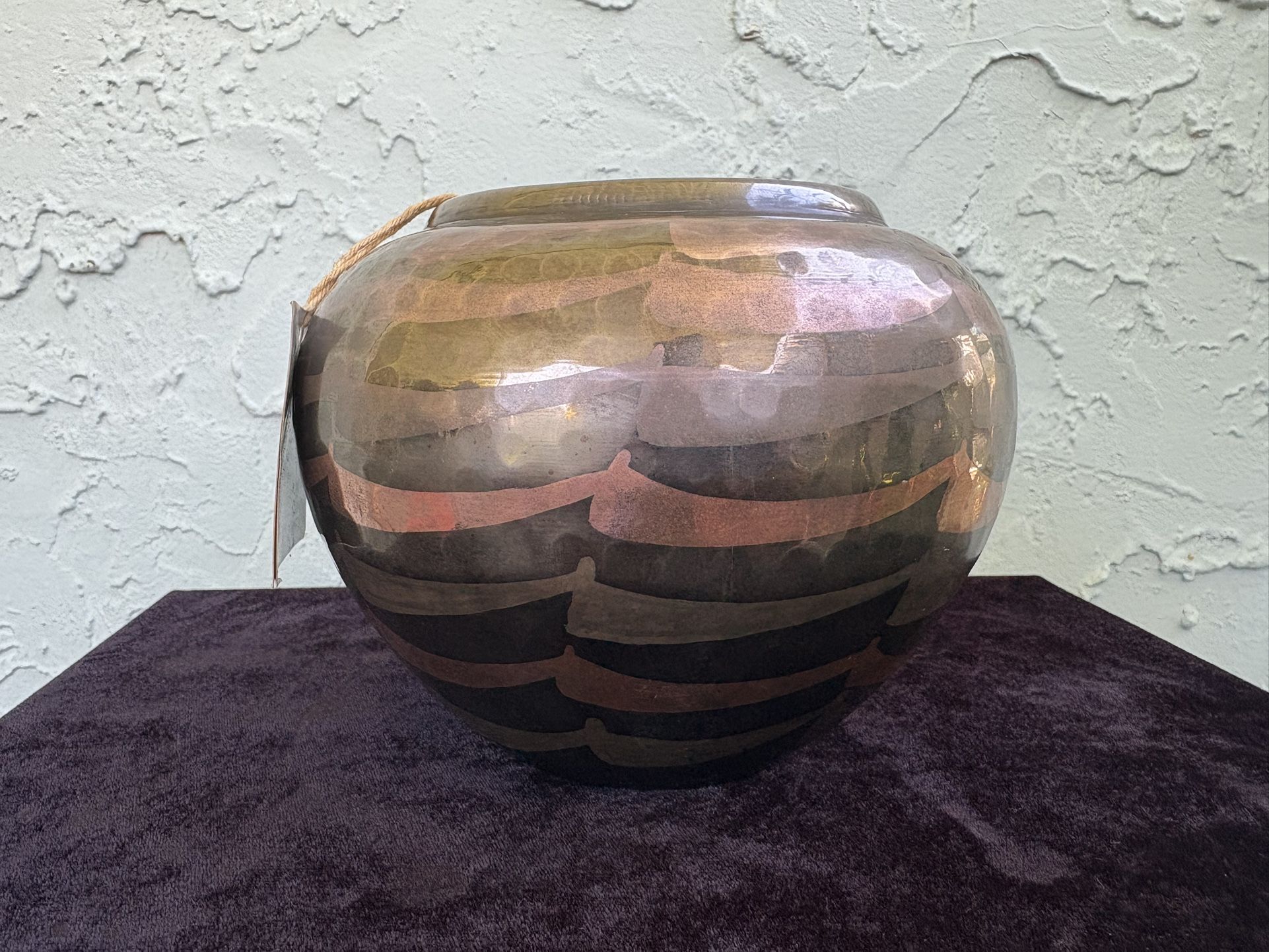 CENTURION COLL Vintage Fine Brass 3-Tones Draped Hammered Round Vase