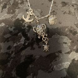 925 Sterling Silver Mother & Baby Turtle, Boat Anchor & Tiger Fish Charm Necklace 