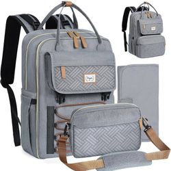 Diaper Bag Backpack Set, Large Baby Diaper Bag with Removable Cross Body Bag & Changing Pad, Travel Backpack for Women Men, Waterproof, Grey