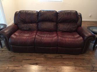 Leather couch 3 seat (recliner) and two side tables ~  Good condition