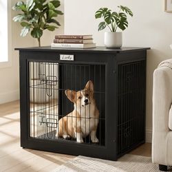 Black Dog Crate Furniture with Reversible Side Door, Wooden Indoor Dog Kennel for Small Medium Dogs
