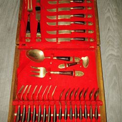 Antique 29 Pc Siam Brass Flatware And Serving Set