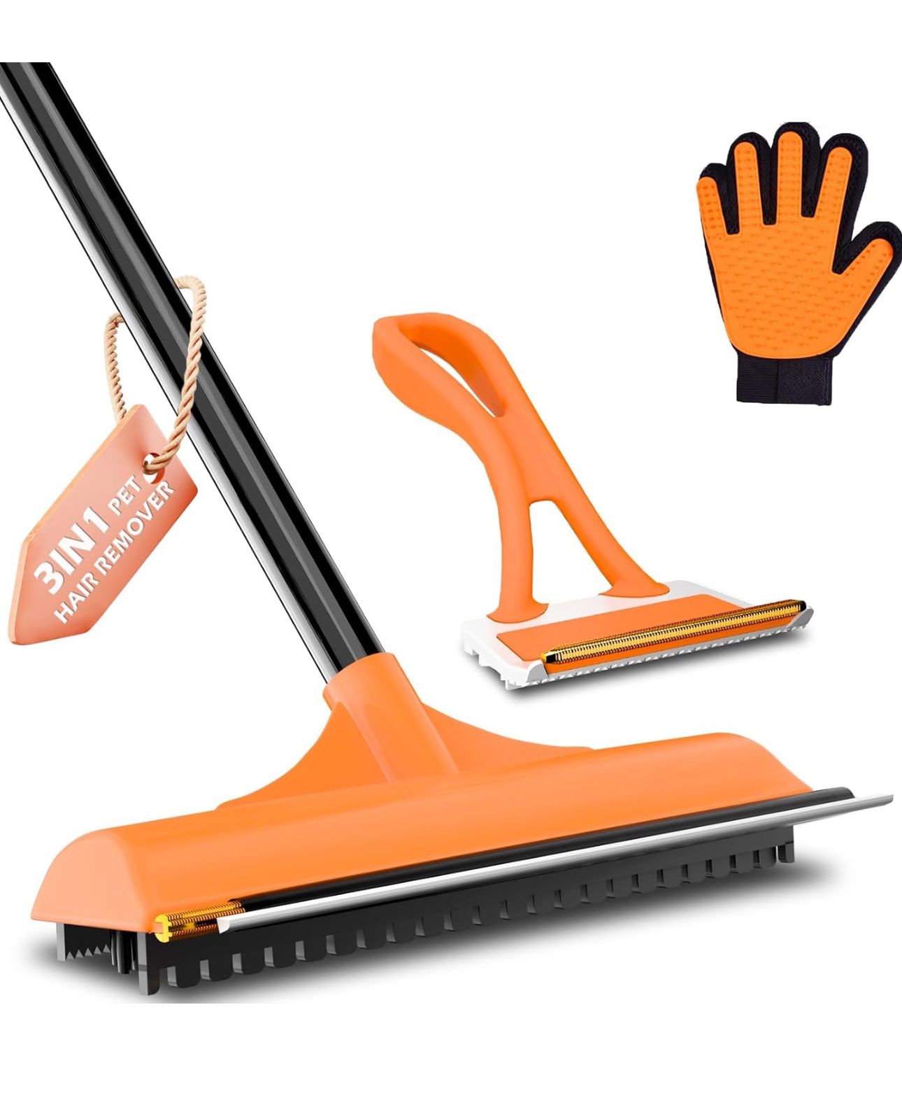 3 in 1 Carpet Rake Kit for Pet Hair Removal Tool-58''Adjustable Handle,Rubber Comb,2in1 Handheld Brush,Pet Grooming Glove,Carpet Scraper Brush for Rug