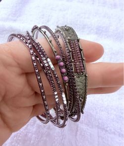 Silver-Tone Bangle Bracelet Set with Purple Beads