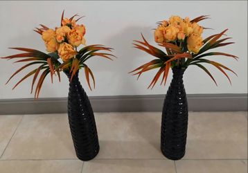 *** REDUCED *** PAIR of 24" Black Ceramic Floor Vases with Begonias / Sword Grass ($35 / 2 for $60) @ Lasting Creations