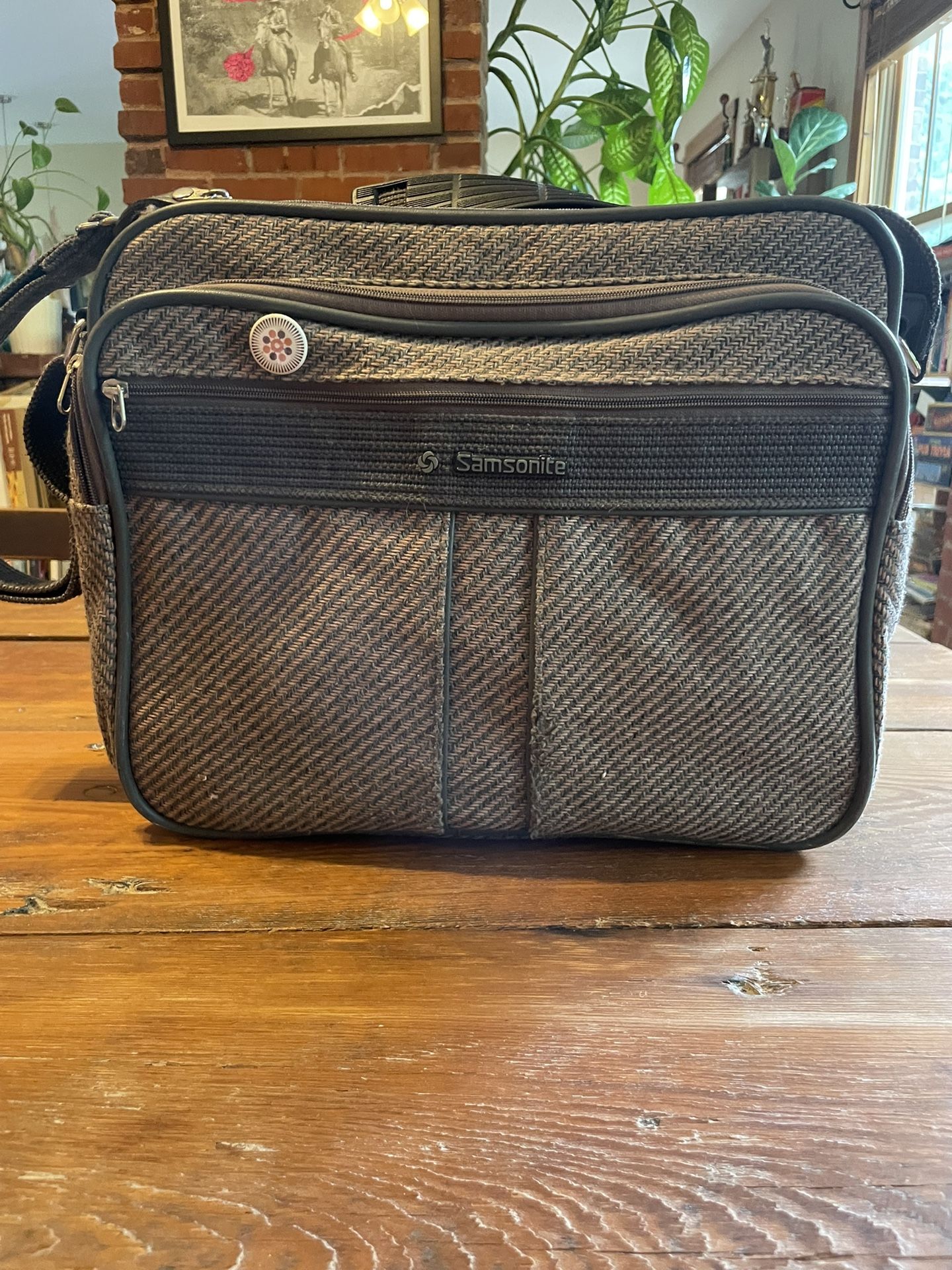 Vtg Samsonite Profile Gray Tweed Carry On Luggage Zipper Messenger Shoulder Bag