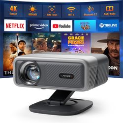 Smart Projector with Wifi and Bluetooth,Auto Focus&Keystone Projector4K,3D DoIby Audio, Outdoor Projector with Omnidirectional Rotating Stand
