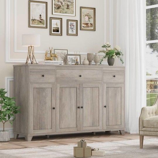 A388 55" Large Kitchen Buffet Cabinet with Storage Drawers, Farmhouse Sideboard Buffet Table Storage Cabinet with Doors and Shelves