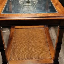 MCM 2 Tier Vintage -Rattan & Wood W/ GLass Top - End Table