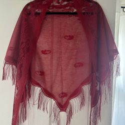 Red Lace Shawl With Fringe 