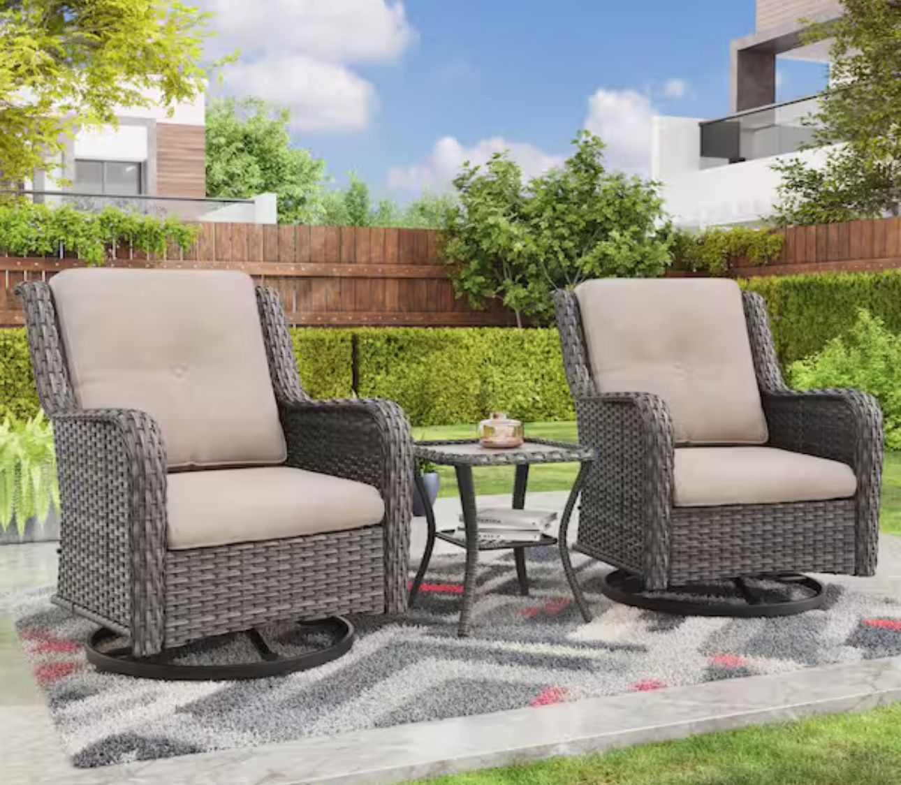 3-Piece Wicker Swivel Outdoor Rocking Chairs Patio Conversation Set with Beige Cushions