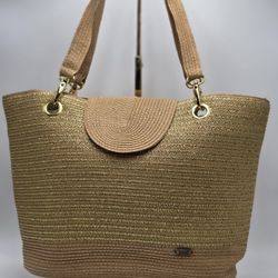 Cappelli Elegant Shimmering Metallic Gold & Tan Design Women's Tote Bag Vintage