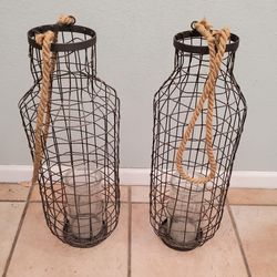 2 rustic wire candle holders with rope handles