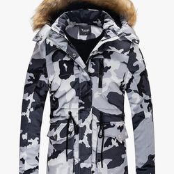 Yozai men’s  Winter Warm Coat, Waterproof Ski Snow Jacket Mountain Windbreaker Hooded Parka, Camouflage Size XL