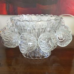 Pressed glass punch bowl set titled 'Williamsport Crystal' by Hazel Atlas