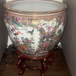 Antique Chinese Porcelain Fish Bowl, Famille Rose Jardiniere Planter, Hand Painted Koi Carp, Gold Gilt Floral Motifs, Marked Base