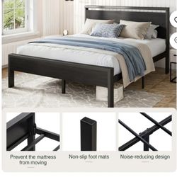 Full Size Bed Frame, Heavy Duty Metal Platform Bed with Wooden Headboard & Footboard, Black