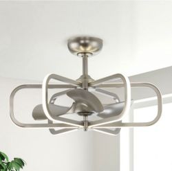 27" Bucholz Modern Chandelier Ceiling Fan with Remote Control, LED Light, 3 Reversible Blades, Satin Nickel