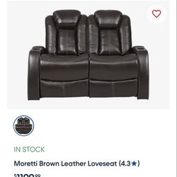 Moretti Brown Leather Loveseat brand new