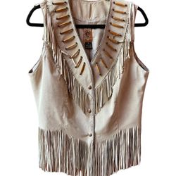 TRIBE AMERICA Leather Vest Native Beaded Fringe Western Cowgirl Sz:12