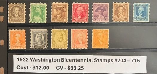 1932 Washington Bicentennial Stamps MNH OG #704 to 715
