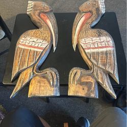 2 Hand Carved Set of Brown Wood Pelicans Wall Art Hang ON Wood Piling, Tropical Nautical