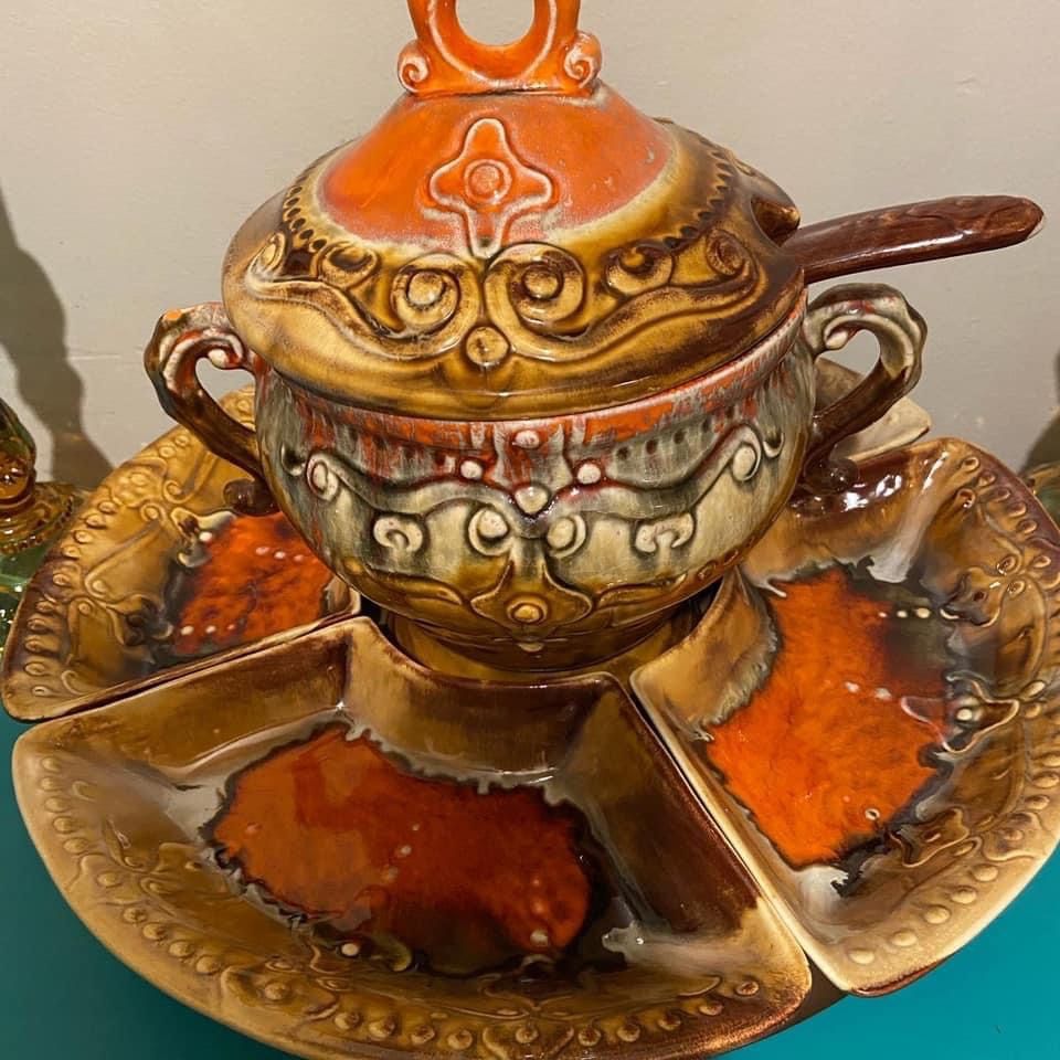 Vintage Marcia Of Calif Pottery Lazy Susan Soup Tureen With Ladle 1945 
