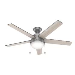 Hunter Fans 52” Anslee Lighted Ceiling Fan Matte Silver finish with integrated LED light and pull chain control.