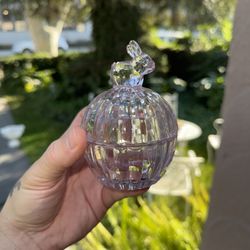 Pink tinted glass covered bunny dish